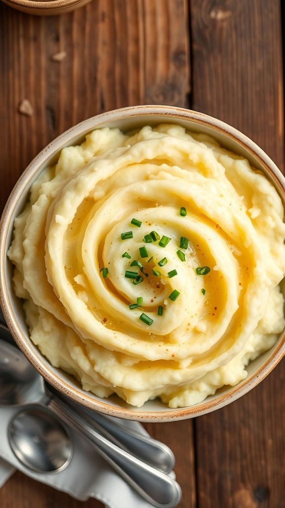A bowl of creamy four cheese mashed potatoes topped with chives on a rustic table.